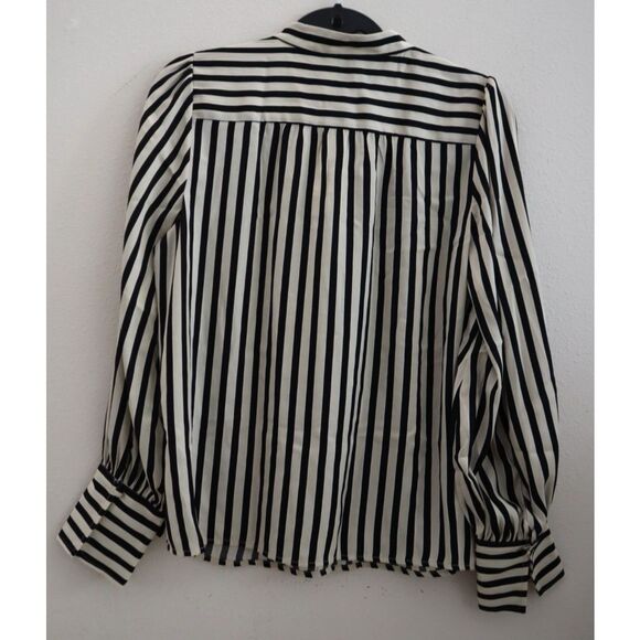 Banana Republic 582096 Women Petite Sz M Beige Striped Volume-Sleeve Blouse - Picture 2 of 7